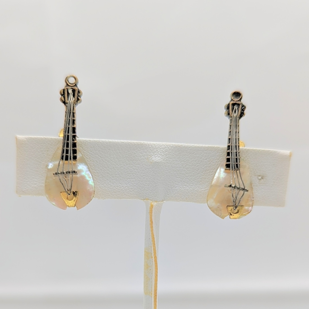 Vintage '60s '70s Mother of Pearl Mandolin Clip On Earrings